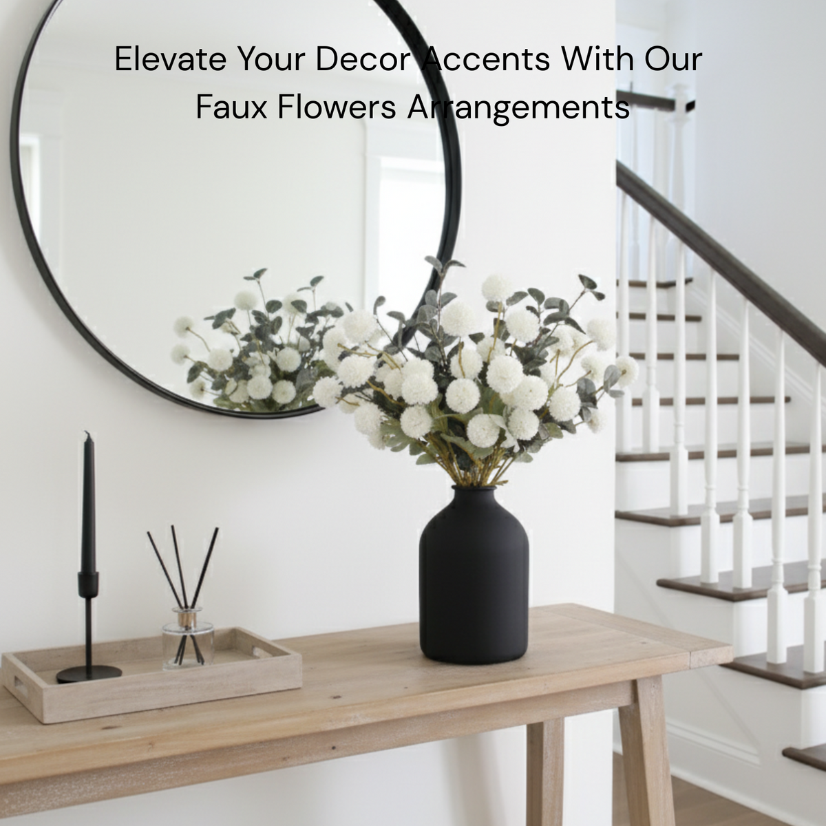 White Faux Flowers for Vase - Kiku 10 Stems & Eucalyptus, Fake Flowers Stems for Pottery Vase, Realistic Artificial Flowers, Pom Pom Balls for Aesthetic Farmhouse Barn Room Decor
