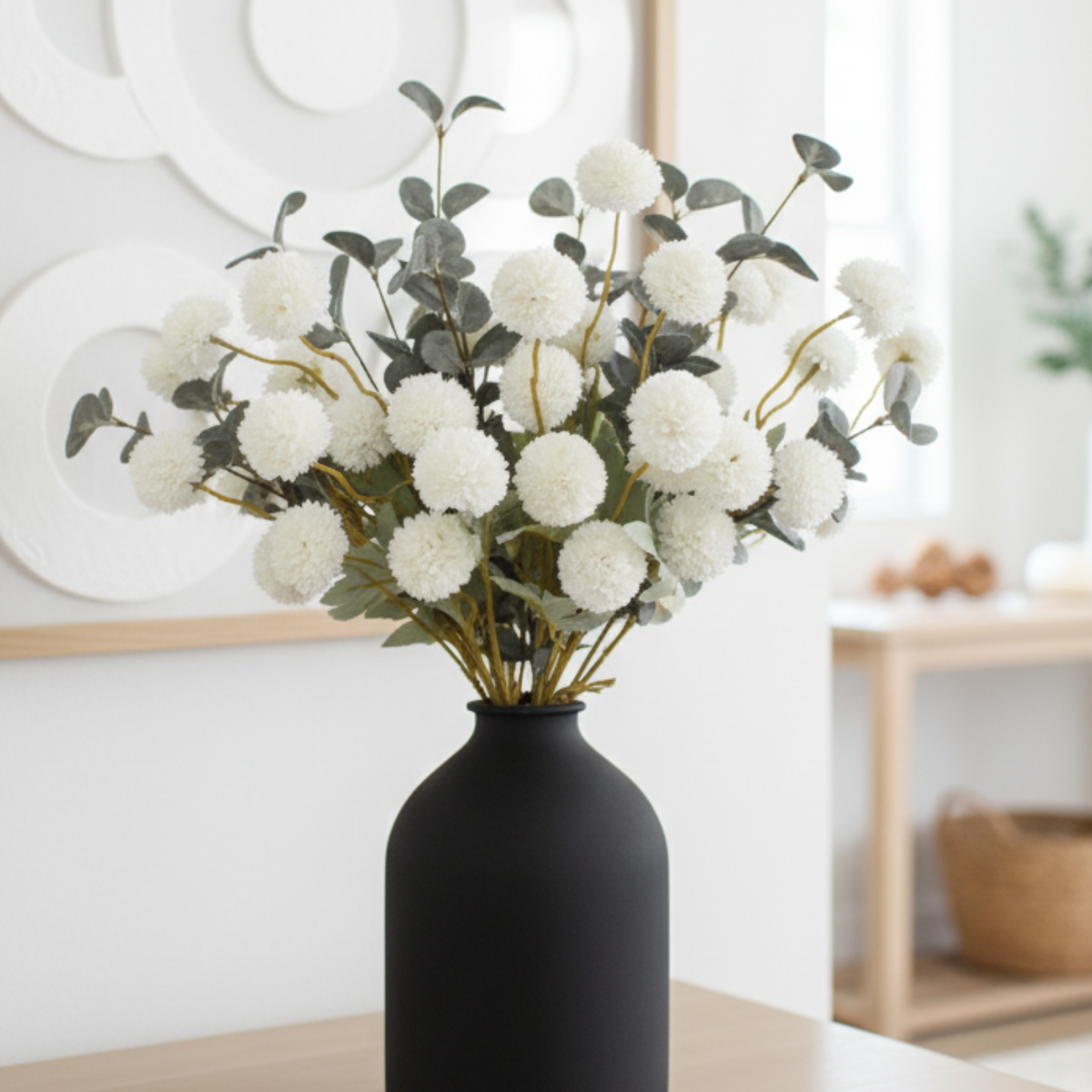 White Faux Flowers for Vase - Kiku 10 Stems & Eucalyptus, Fake Flowers Stems for Pottery Vase, Realistic Artificial Flowers, Pom Pom Balls for Aesthetic Farmhouse Barn Room Decor