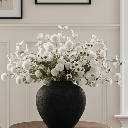 White Artificial Flowers Bulk for Vase That Look Real, White Flower Centerpiece for Table, Silk Floral for Home Decor Indoor, Faux Kiku + Eucalyptus Stems + Wildflowers, Flores Blancas Artificiales