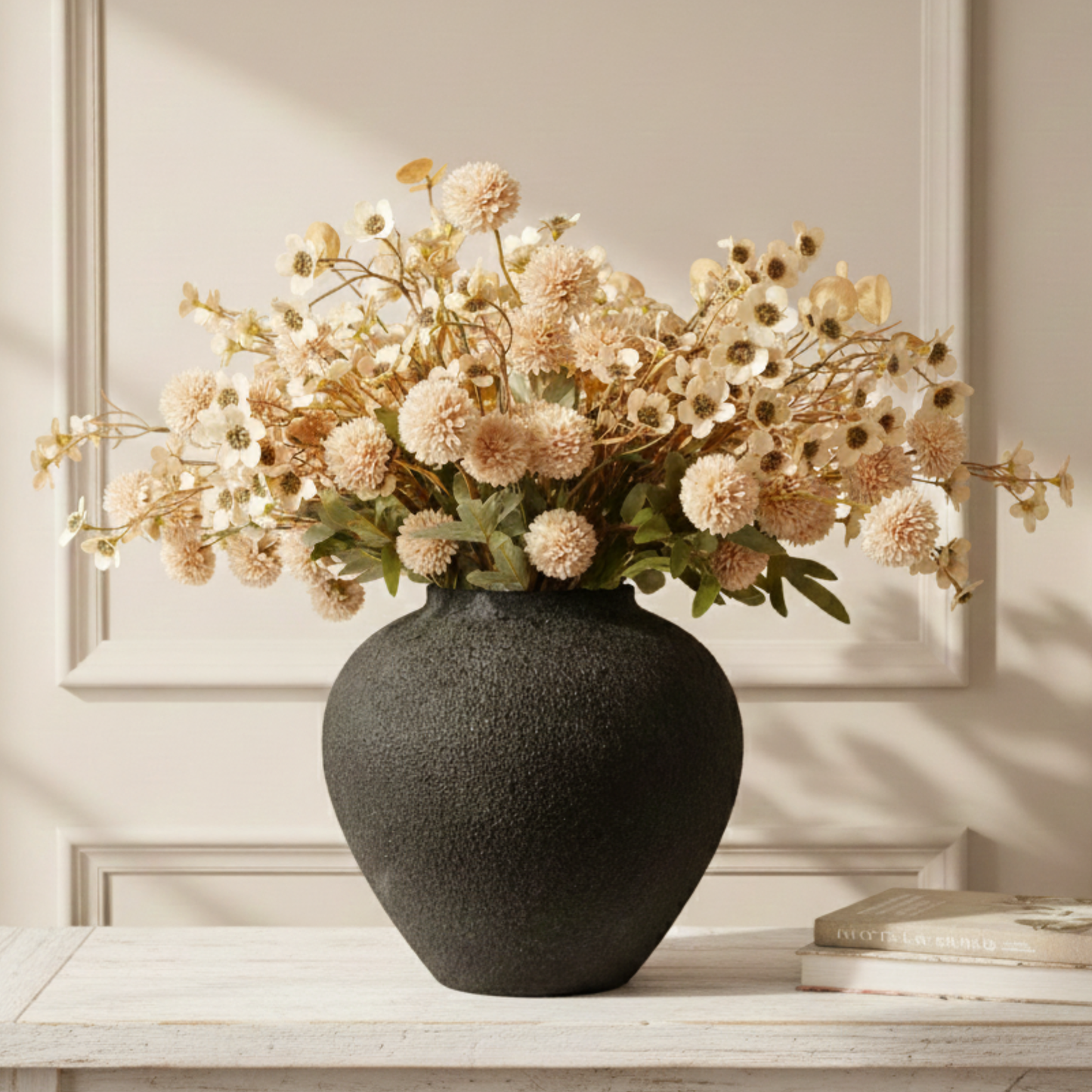 Large Round Vase Pottery Look for Home Decor, Black Rustic Vase Modern Farmhouse, Console Table Decor, Earthy Textured Big Black Round Vases for Centerpieces, Jarrones Grandes para Sala Elegantes