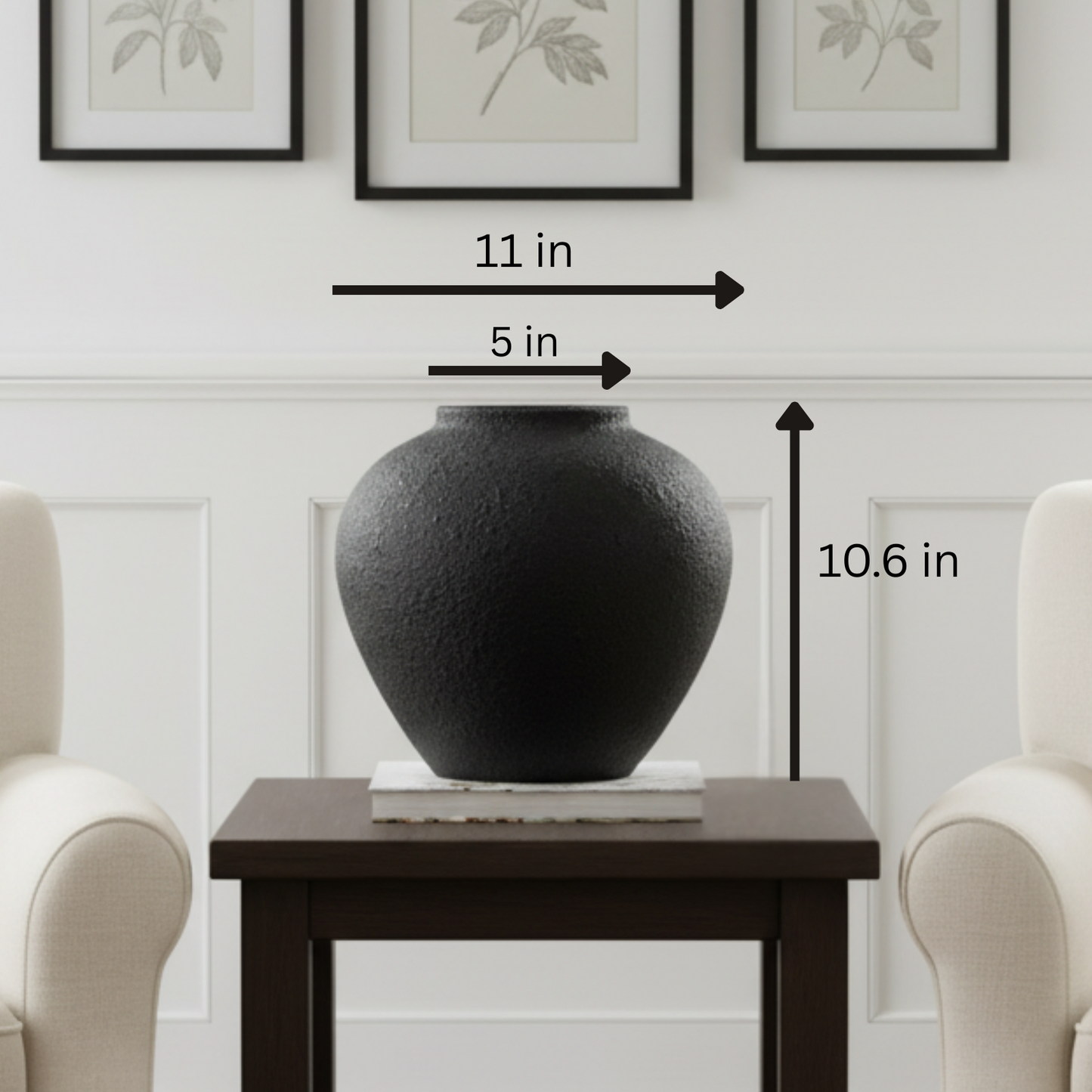 Large Round Vase Pottery Look for Home Decor, Black Rustic Vase Modern Farmhouse, Console Table Decor, Earthy Textured Big Black Round Vases for Centerpieces, Jarrones Grandes para Sala Elegantes