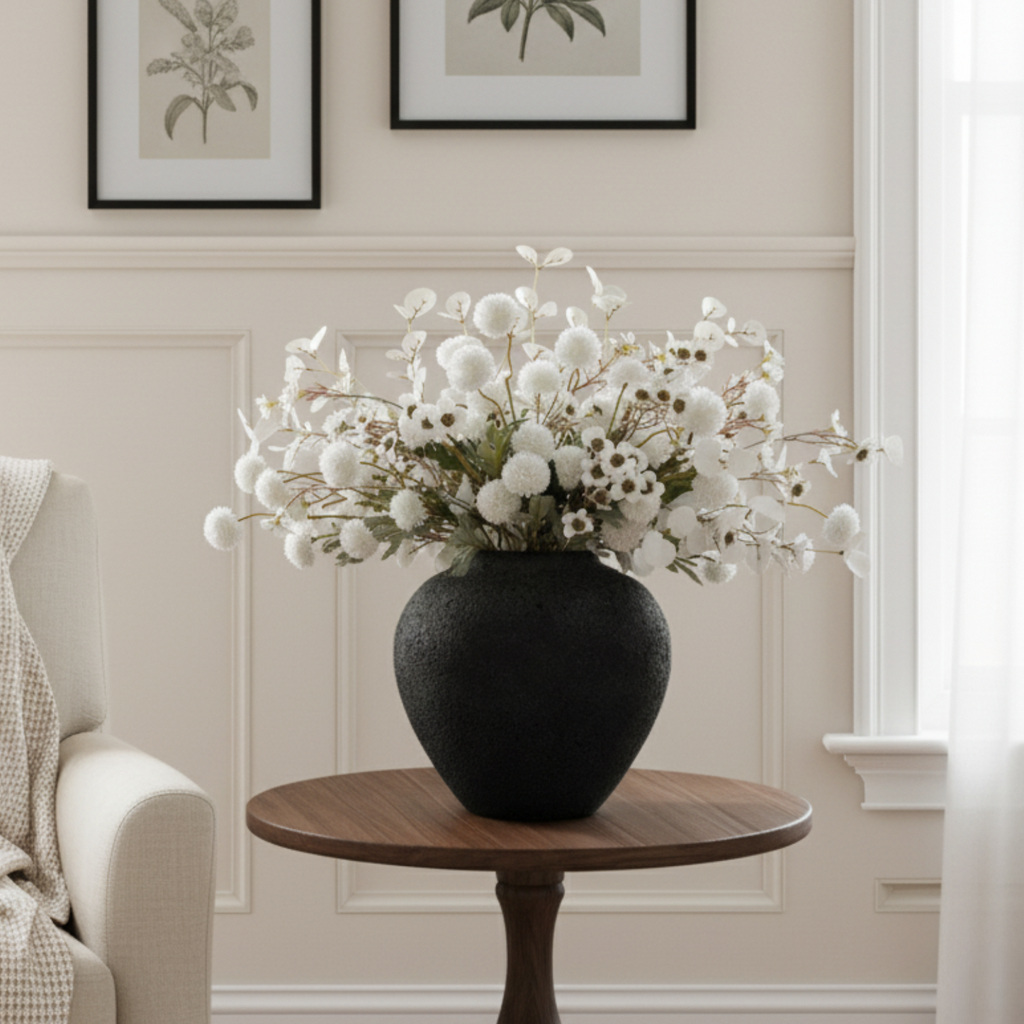 Large Round Vase Pottery Look for Home Decor, Black Rustic Vase Modern Farmhouse, Console Table Decor, Earthy Textured Big Black Round Vases for Centerpieces, Jarrones Grandes para Sala Elegantes