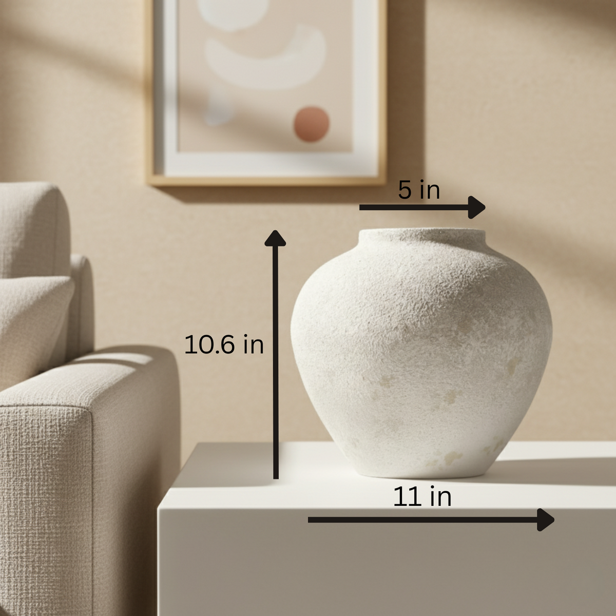 White Rustic Large Round Vase for Table Centerpieces 11 inches, Arina Vase, Earthy Stone Look, Textured, Modern Homes Farmhouse Centerpiece Decor