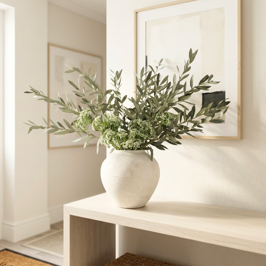 Faux Arrangement - Olive & White Berry, Realistic Artificial Greenery Stems for Vase, Winter Floral Arrangement for Farmhouse Home Decor, Christmas Table Centerpiece Decor