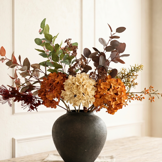Faux Arrangement - Burnt Orange Hydrangea & Eucalyptus Stems, Fall Centerpieces for Tables