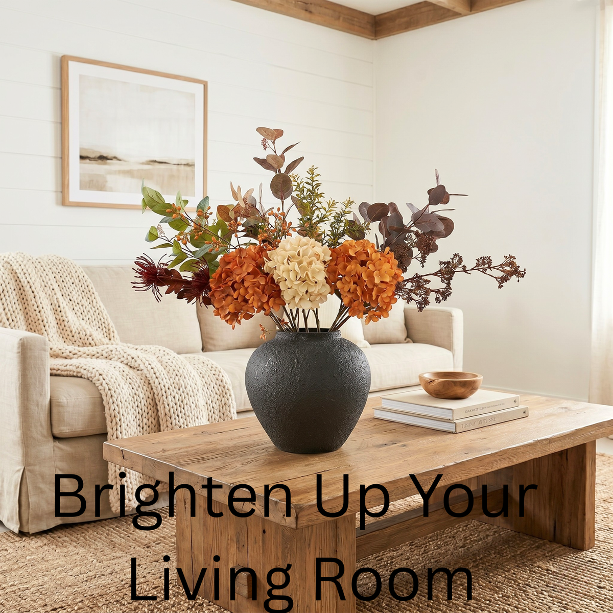 Faux Arrangement - Burnt Orange Hydrangea & Eucalyptus Stems, Fall Centerpieces for Tables