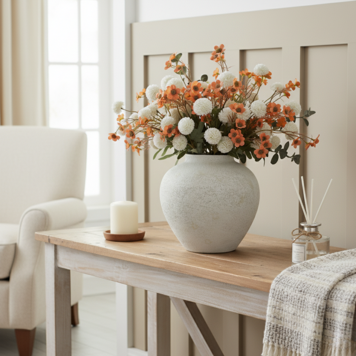 White Rustic Large Round Vase for Table Centerpieces 11 inches, Arina Vase, Earthy Stone Look, Textured, Modern Homes Farmhouse Centerpiece Decor