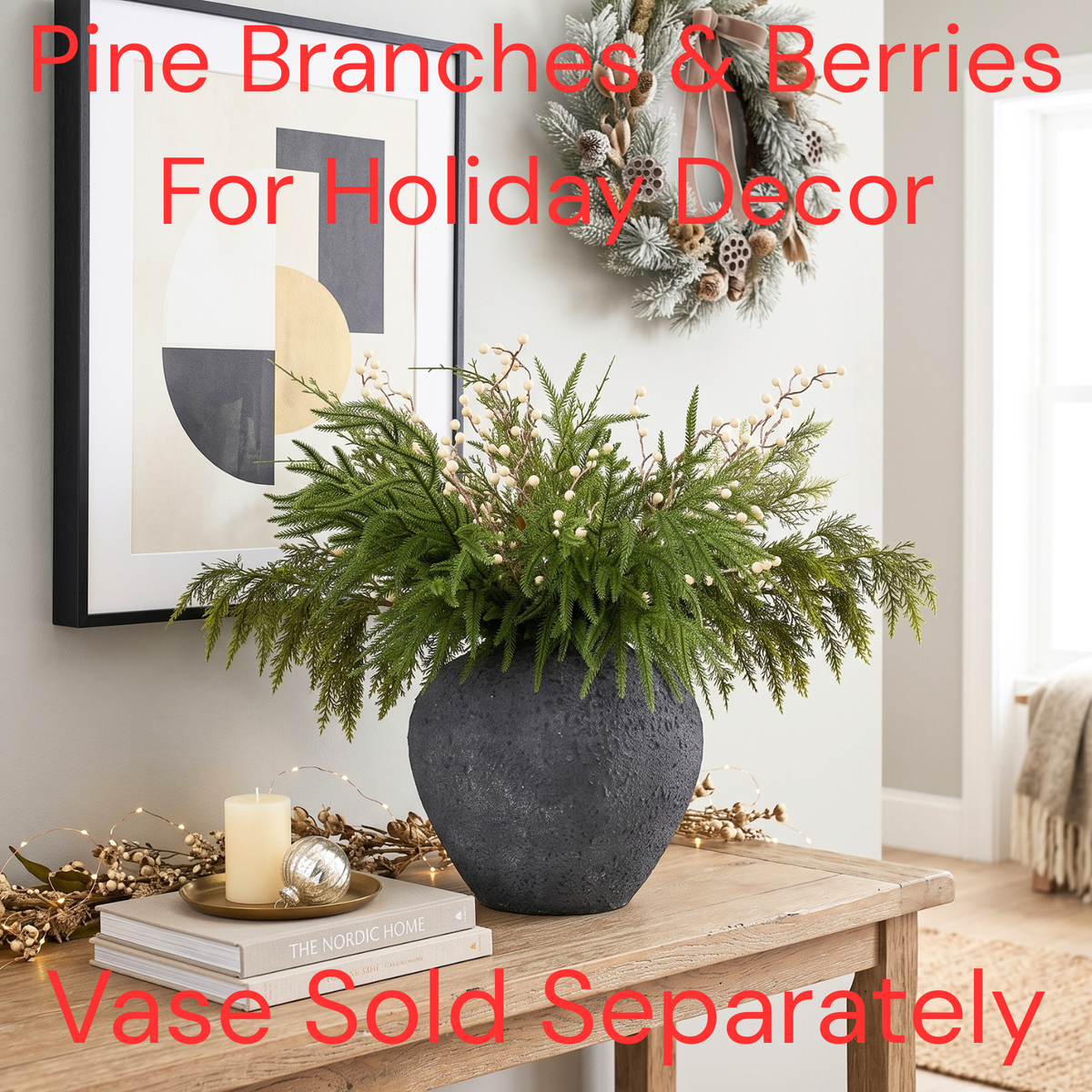 Christmas Faux Arrangement for Centerpieces - Pine Branches & White Berries, 12 Artificial Christmas Greenery Picks for Vases, Winter Holiday Table Decor for Dining, Mantel and Kitchen Island, 24 inch