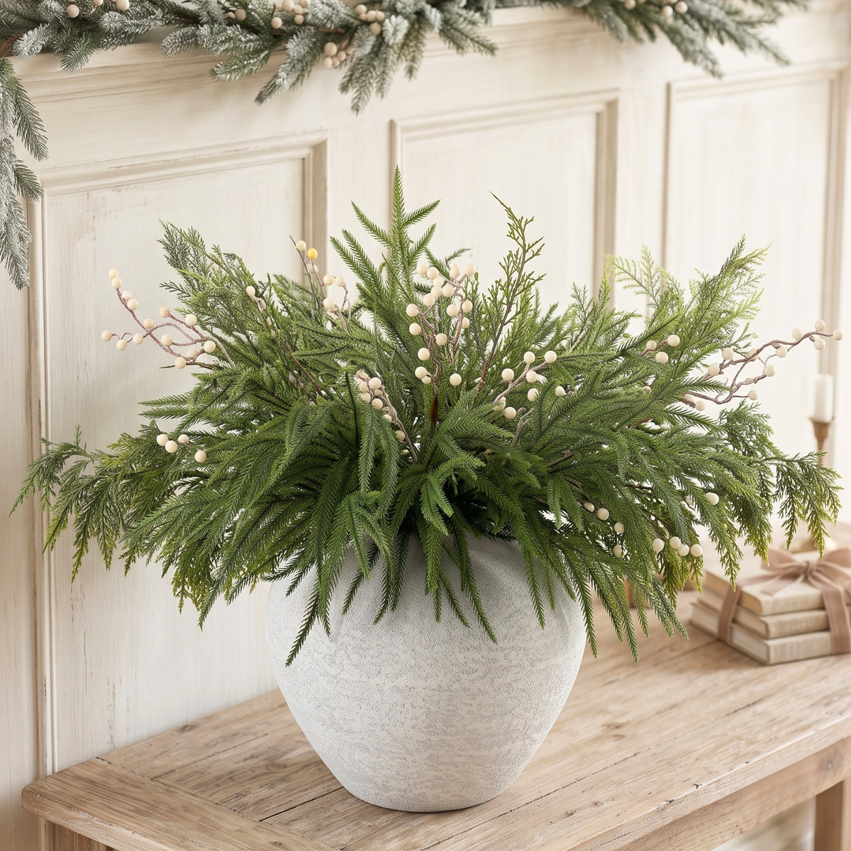 Christmas Faux Arrangement for Centerpieces - Pine Branches & White Berries, 12 Artificial Christmas Greenery Picks for Vases, Winter Holiday Table Decor for Dining, Mantel and Kitchen Island, 24 inch
