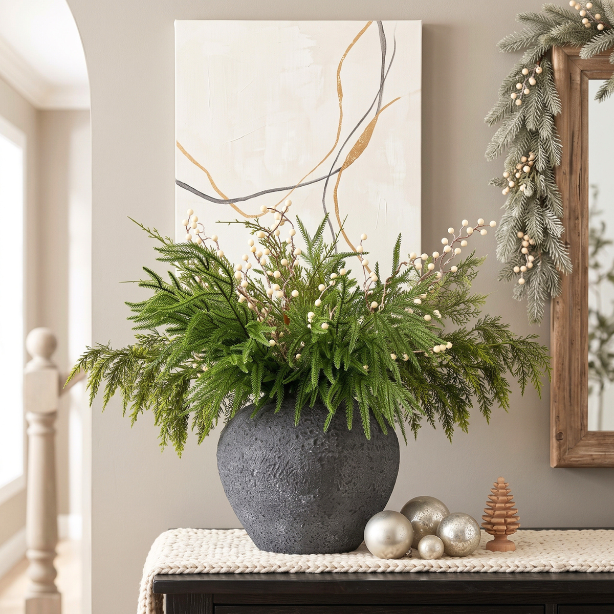 Christmas Faux Arrangement for Centerpieces - Pine Branches & White Berries, 12 Artificial Christmas Greenery Picks for Vases, Winter Holiday Table Decor for Dining, Mantel and Kitchen Island, 24 inch