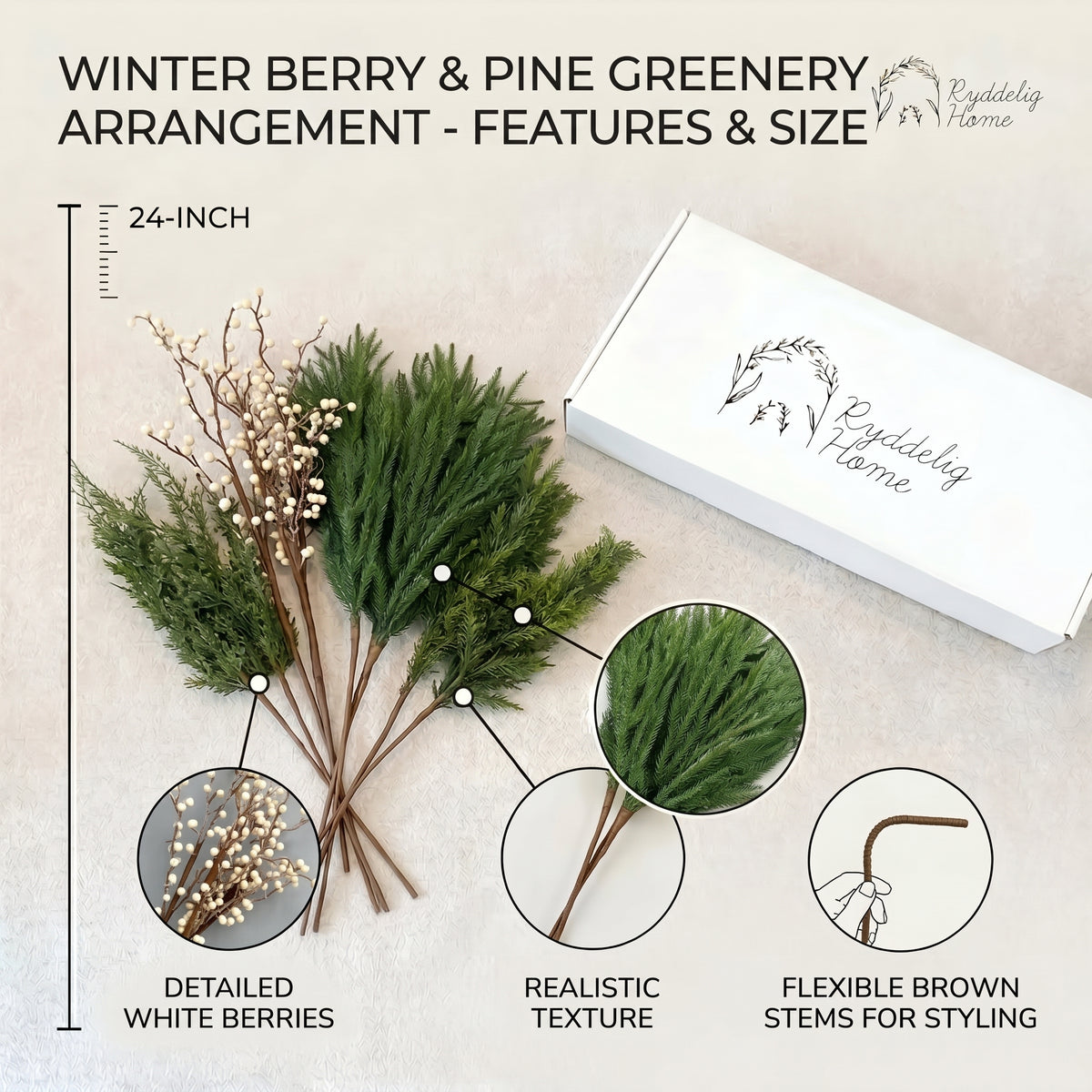 Christmas Faux Arrangement for Centerpieces - Pine Branches & White Berries, 12 Artificial Christmas Greenery Picks for Vases, Winter Holiday Table Decor for Dining, Mantel and Kitchen Island, 24 inch