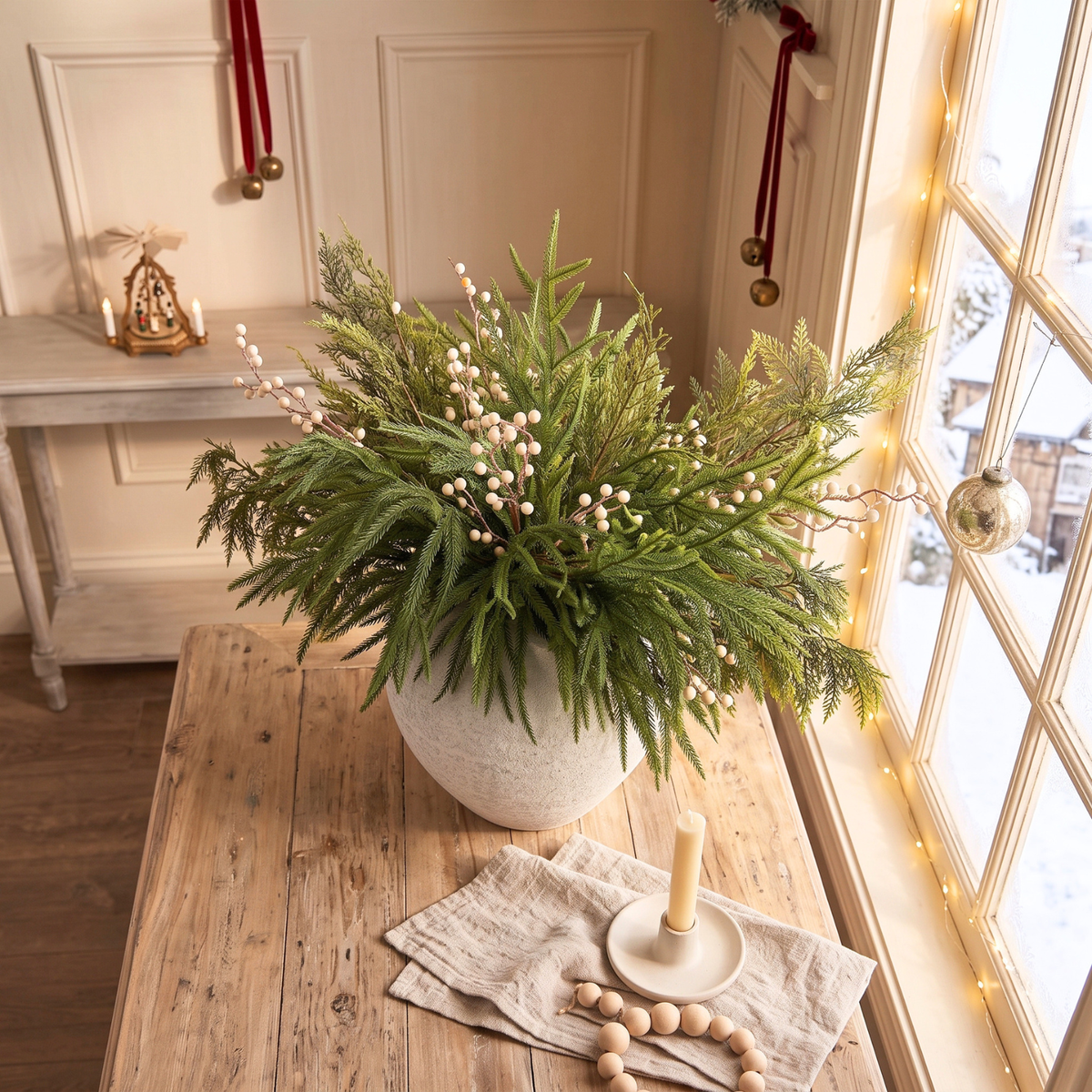 Christmas Faux Arrangement for Centerpieces - Pine Branches & White Berries, 12 Artificial Christmas Greenery Picks for Vases, Winter Holiday Table Decor for Dining, Mantel and Kitchen Island, 24 inch