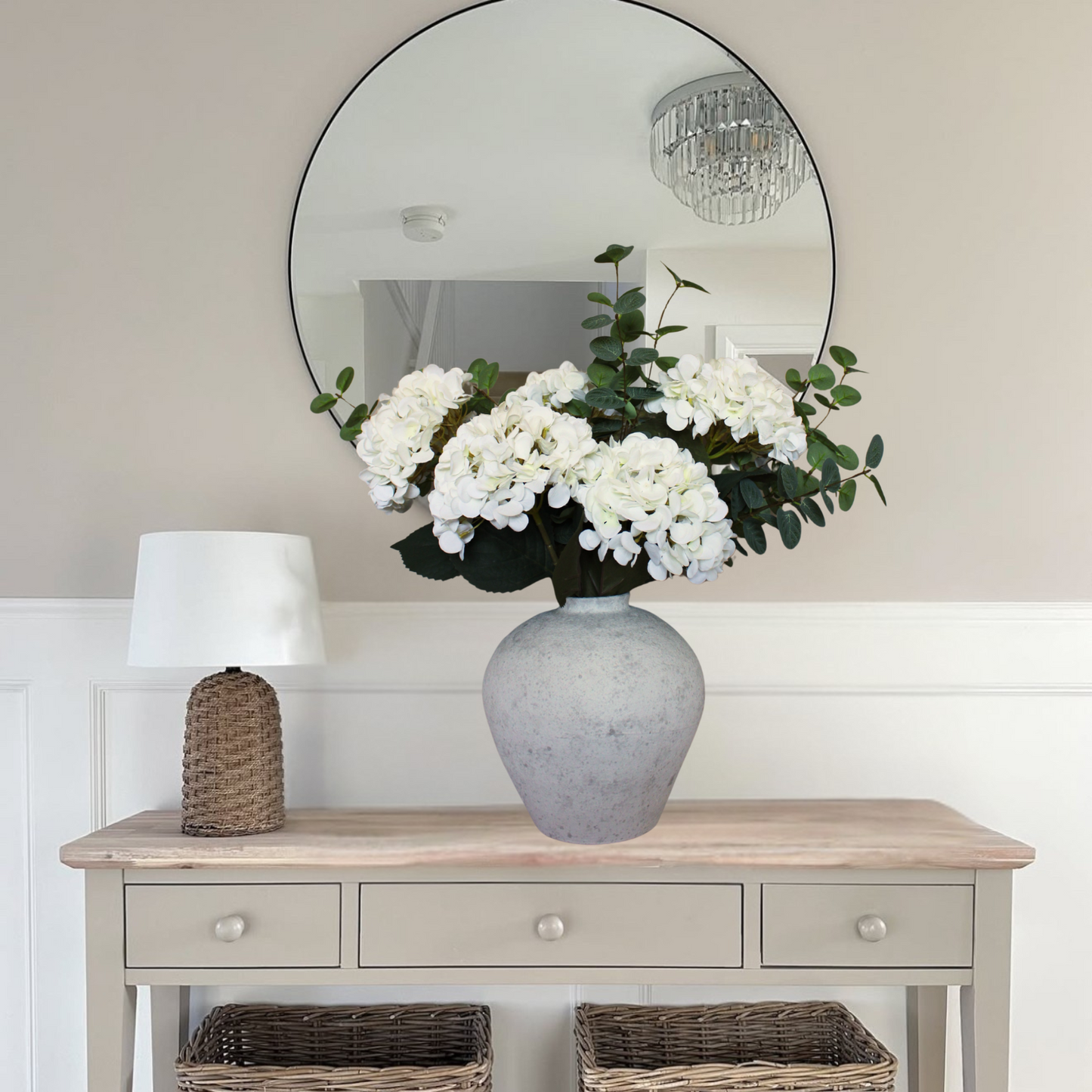 Handemade Large Round Vase for Centerpieces, White Rustic Vase Farmhouse Decor, Distressed Textured for Home Decorations, Earthy Room Decor Aesthetic, Stone Look Ceramic Clay Pottery, 10 inch