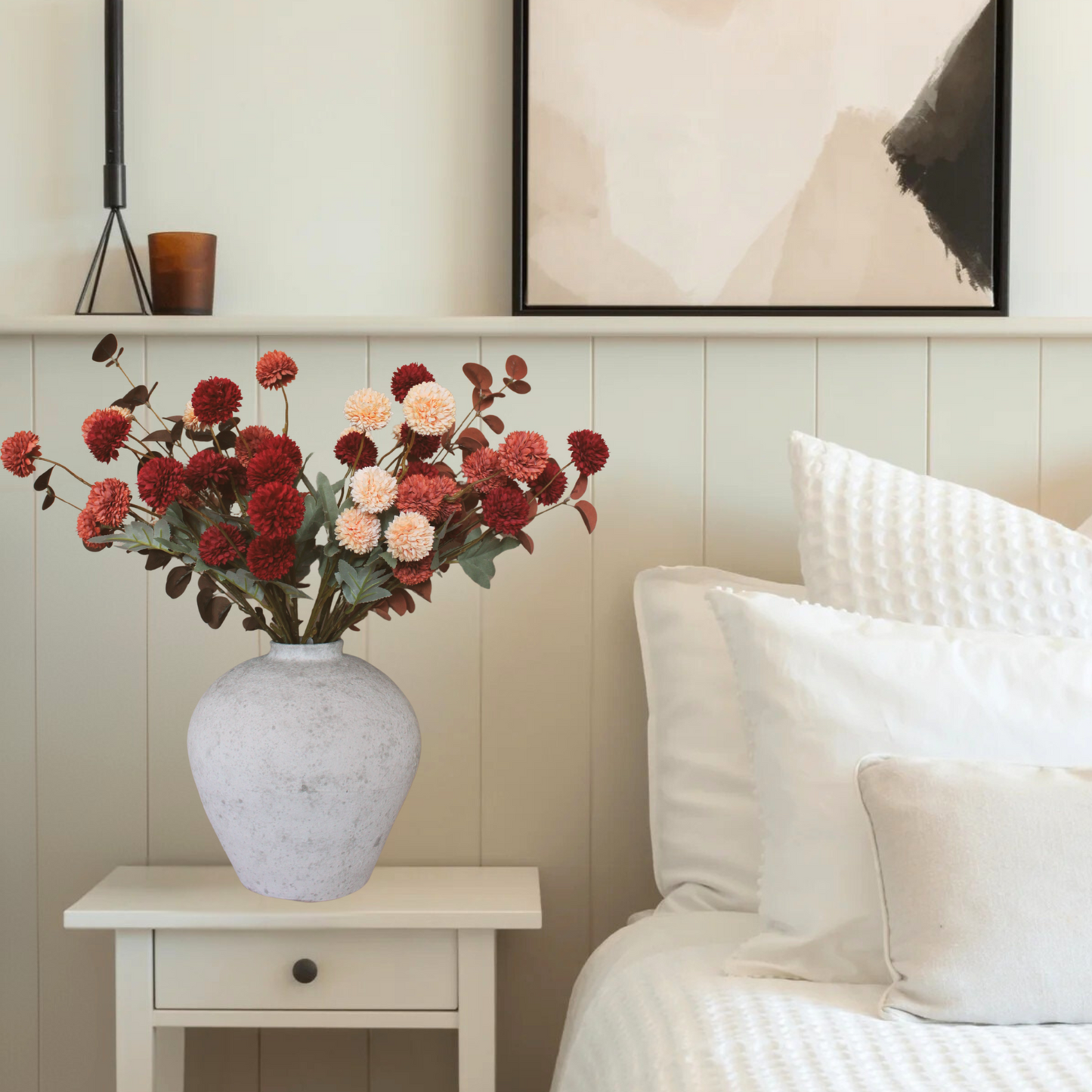 Handemade Large Round Vase for Centerpieces, White Rustic Vase Farmhouse Decor, Distressed Textured for Home Decorations, Earthy Room Decor Aesthetic, Stone Look Ceramic Clay Pottery, 10 inch