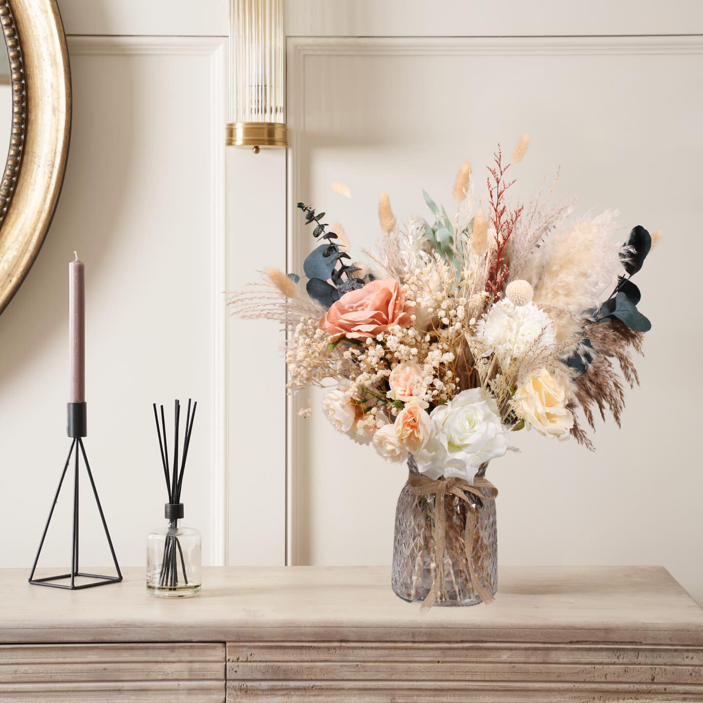 High End Artificial Flowers & Pampas Grass Decor with Vase, Centro De Mesa de Comedor, Adornos para Sala Modernos, Kitchen Island Decor, Home Decor Living Room Table Decor