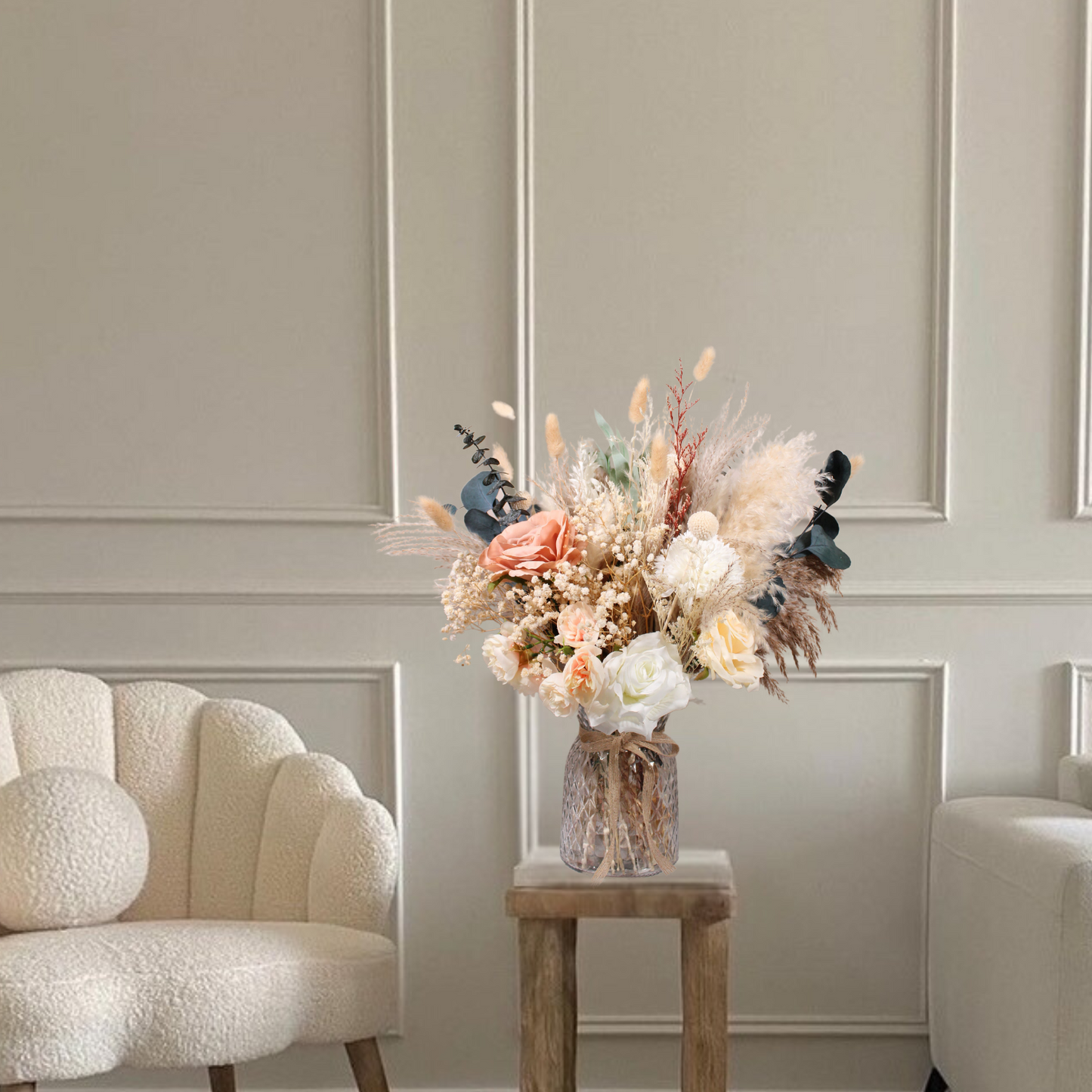 High End Artificial Flowers & Pampas Grass Decor with Vase, Centro De Mesa de Comedor, Adornos para Sala Modernos, Kitchen Island Decor, Home Decor Living Room Table Decor