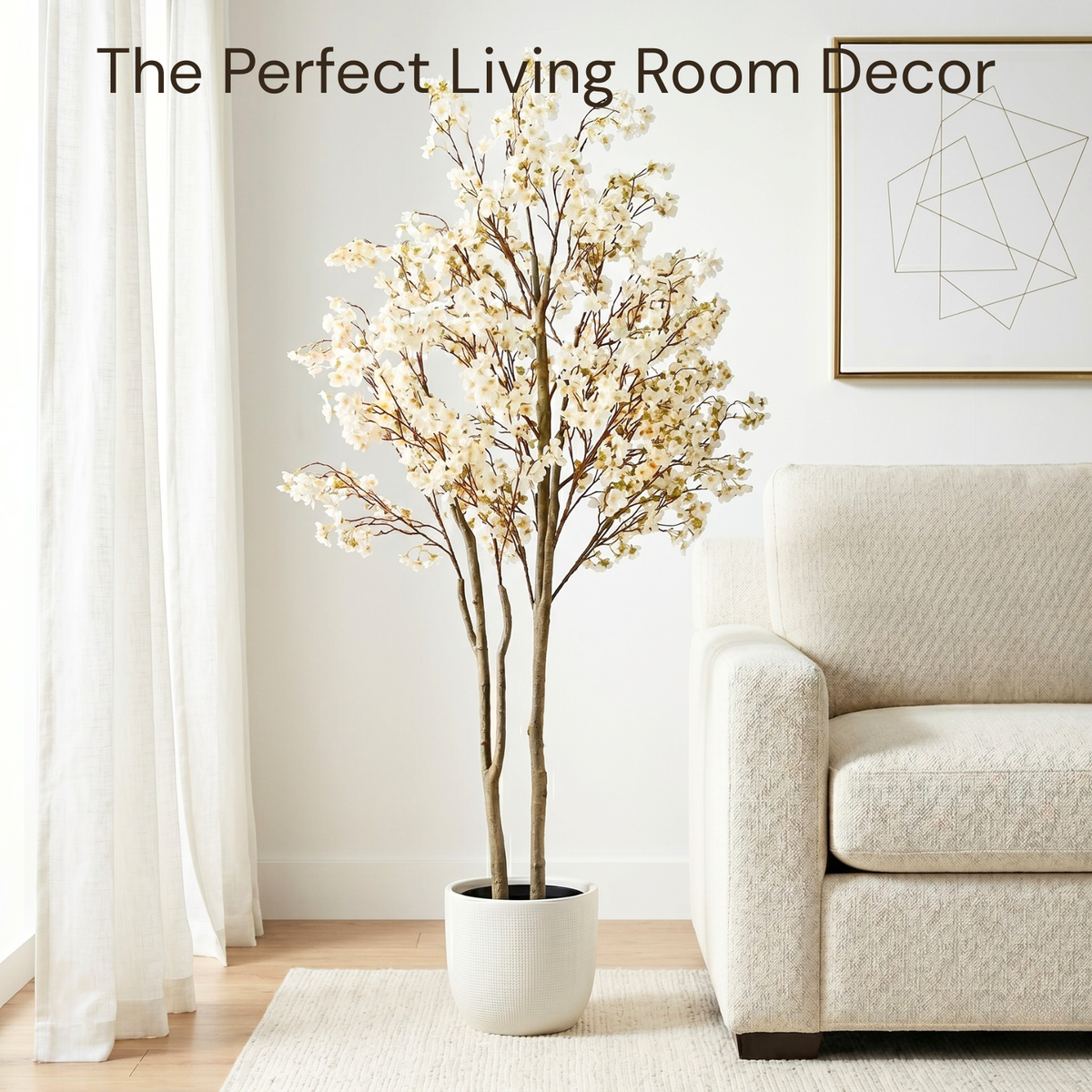 Artificial Cherry Blossom Tree with Lights 6ft Tall, Living Room Decor White Faux Cherry Blossom Tree Indoor with LED String Lights, Japanese Sakura Tree For Office Home Decorations
