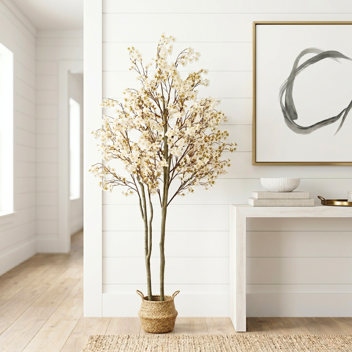 Artificial Cherry Blossom Tree with Lights 6ft Tall, Living Room Decor White Faux Cherry Blossom Tree Indoor with LED String Lights, Japanese Sakura Tree For Office Home Decorations