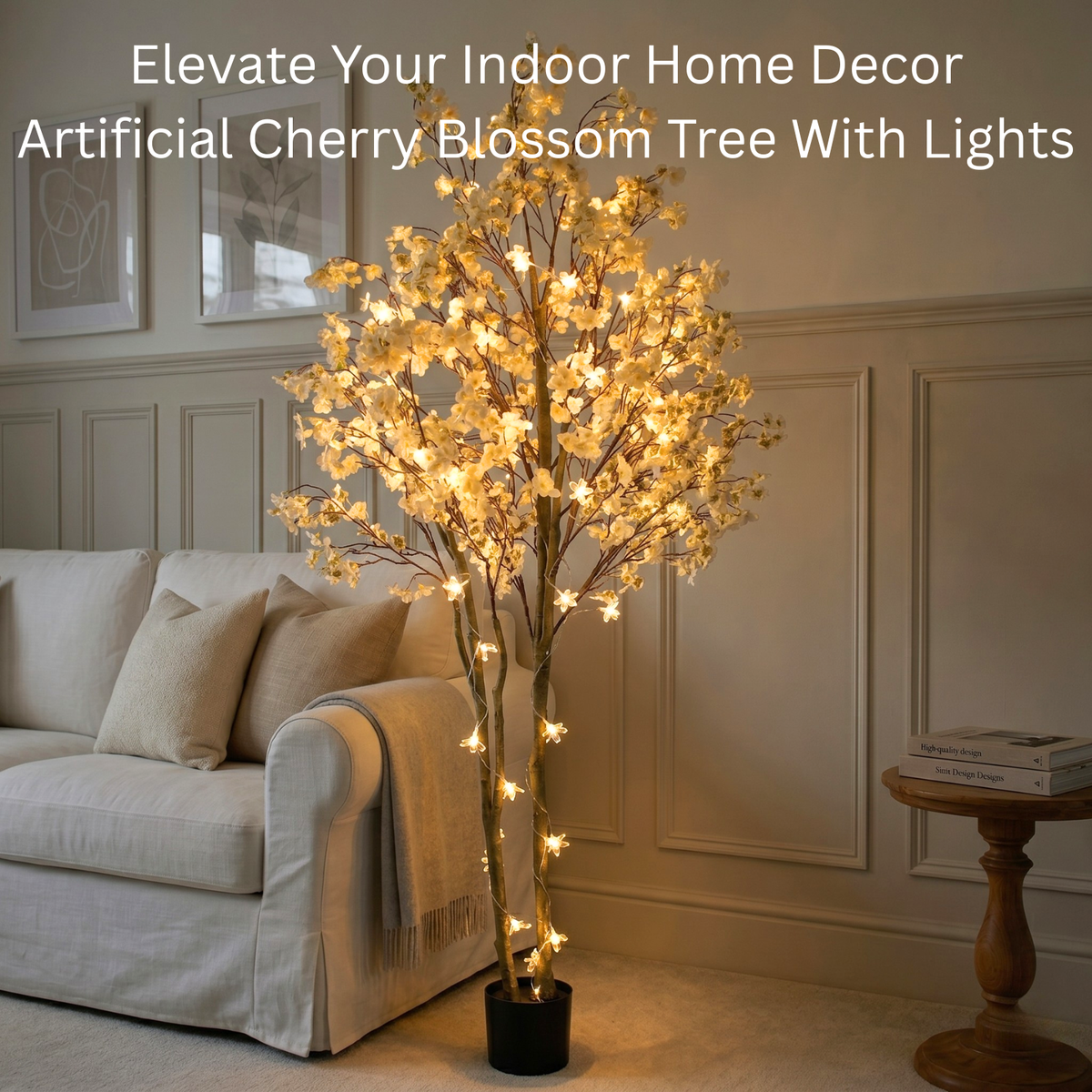 Artificial Cherry Blossom Tree with Lights 6ft Tall, Living Room Decor White Faux Cherry Blossom Tree Indoor with LED String Lights, Japanese Sakura Tree For Office Home Decorations