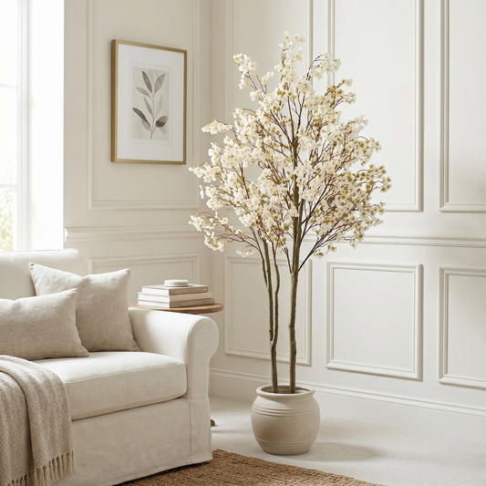 Artificial Cherry Blossom Tree with Lights 6ft Tall, Living Room Decor White Faux Cherry Blossom Tree Indoor with LED String Lights, Japanese Sakura Tree For Office Home Decorations