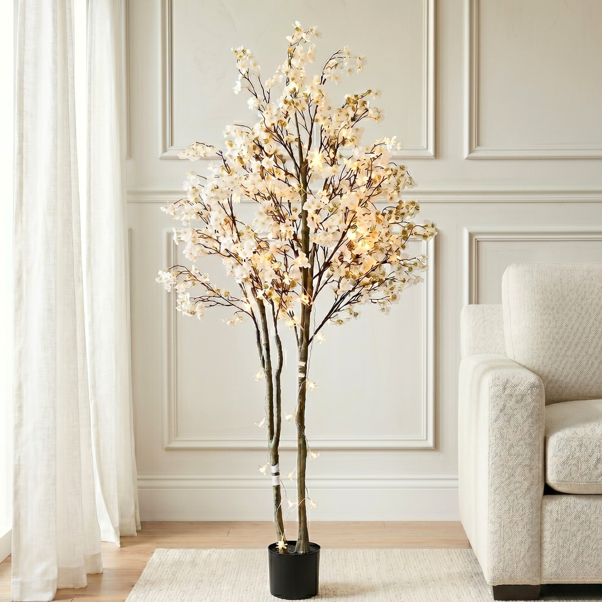 Artificial Cherry Blossom Tree with Lights 6ft Tall, Living Room Decor White Faux Cherry Blossom Tree Indoor with LED String Lights, Japanese Sakura Tree For Office Home Decorations