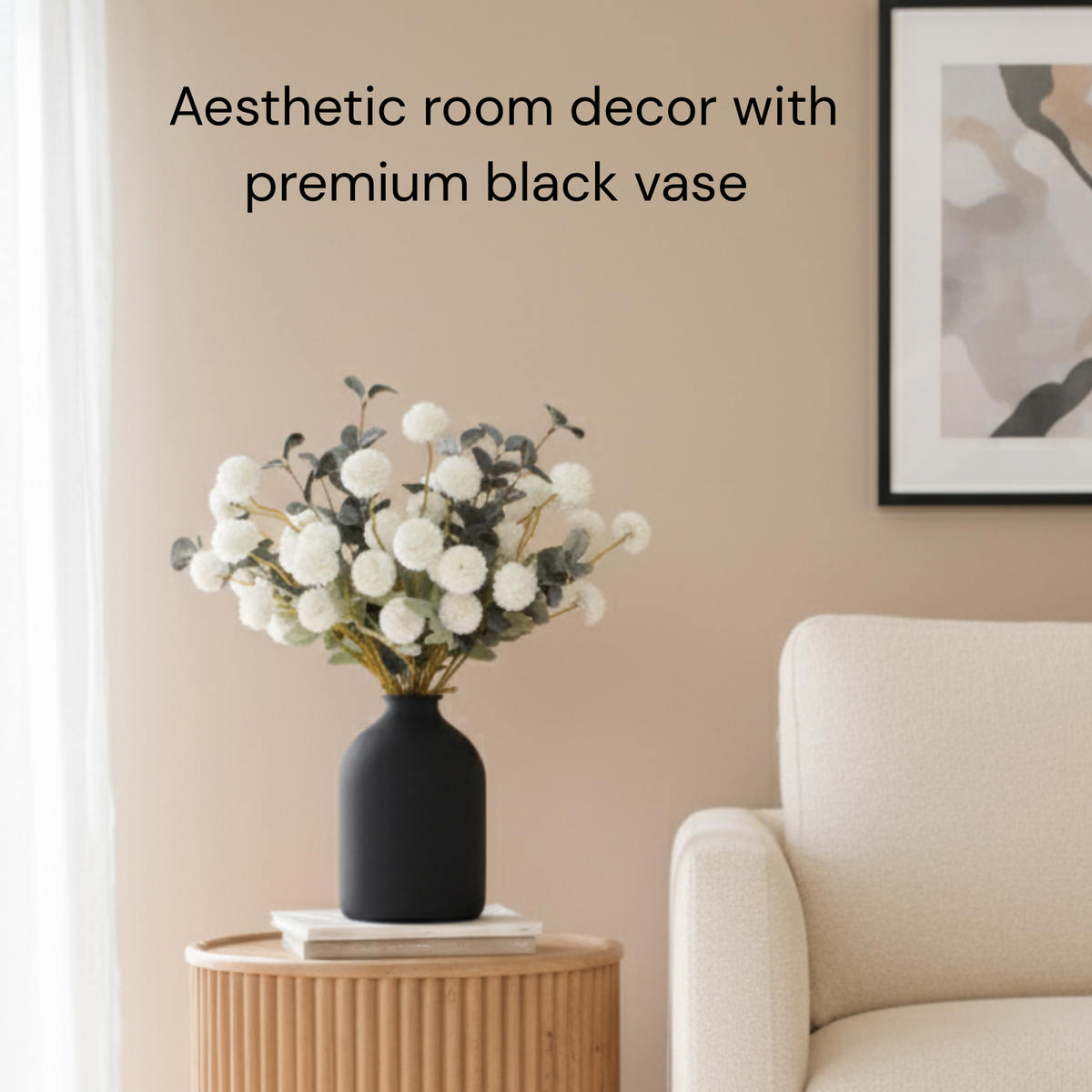 White Faux Flowers for Vase - Kiku 10 Stems & Eucalyptus, Fake Flowers Stems for Pottery Vase, Realistic Artificial Flowers, Pom Pom Balls for Aesthetic Farmhouse Barn Room Decor