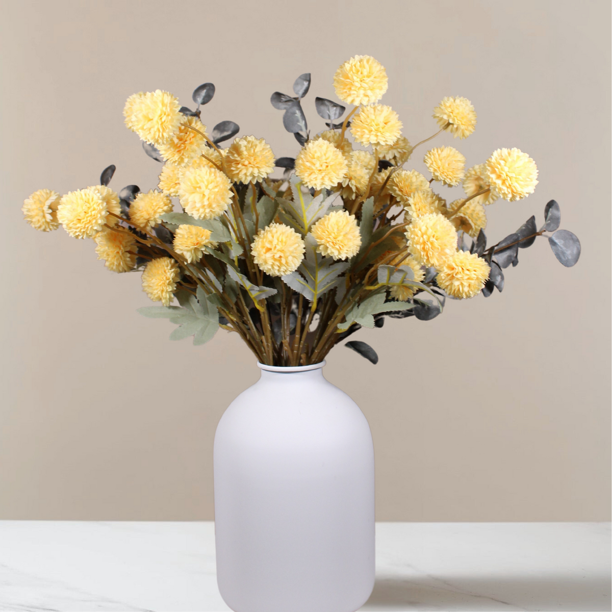 Yellow Flowers Artificial 10 Long Stems Kiku Flower + 2 Branches Eucalyptus, Spring Flowers Decor, Mustard Yellow Decor, Flores Amarillas Artificiales Para Decoracion, Faux Easter Spring Floral Stems